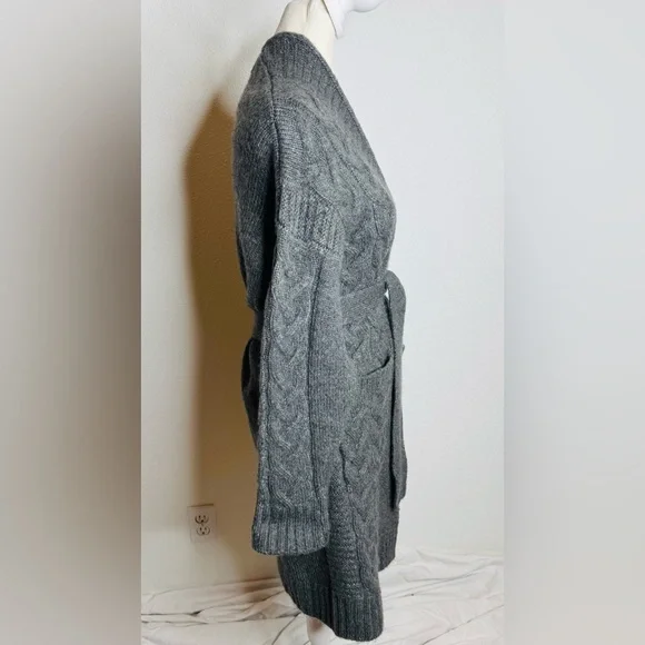 Apricot long shawl cable-knit cardigan with a waist tie. - Picture 3 of 8